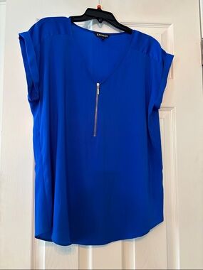 Express Royal Blue V-Neck Zip Blouse
